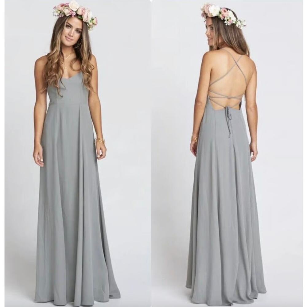 Show Me Your Mumu Godshaw Goddess Gown In Dove Grey Chiffon Size Small New